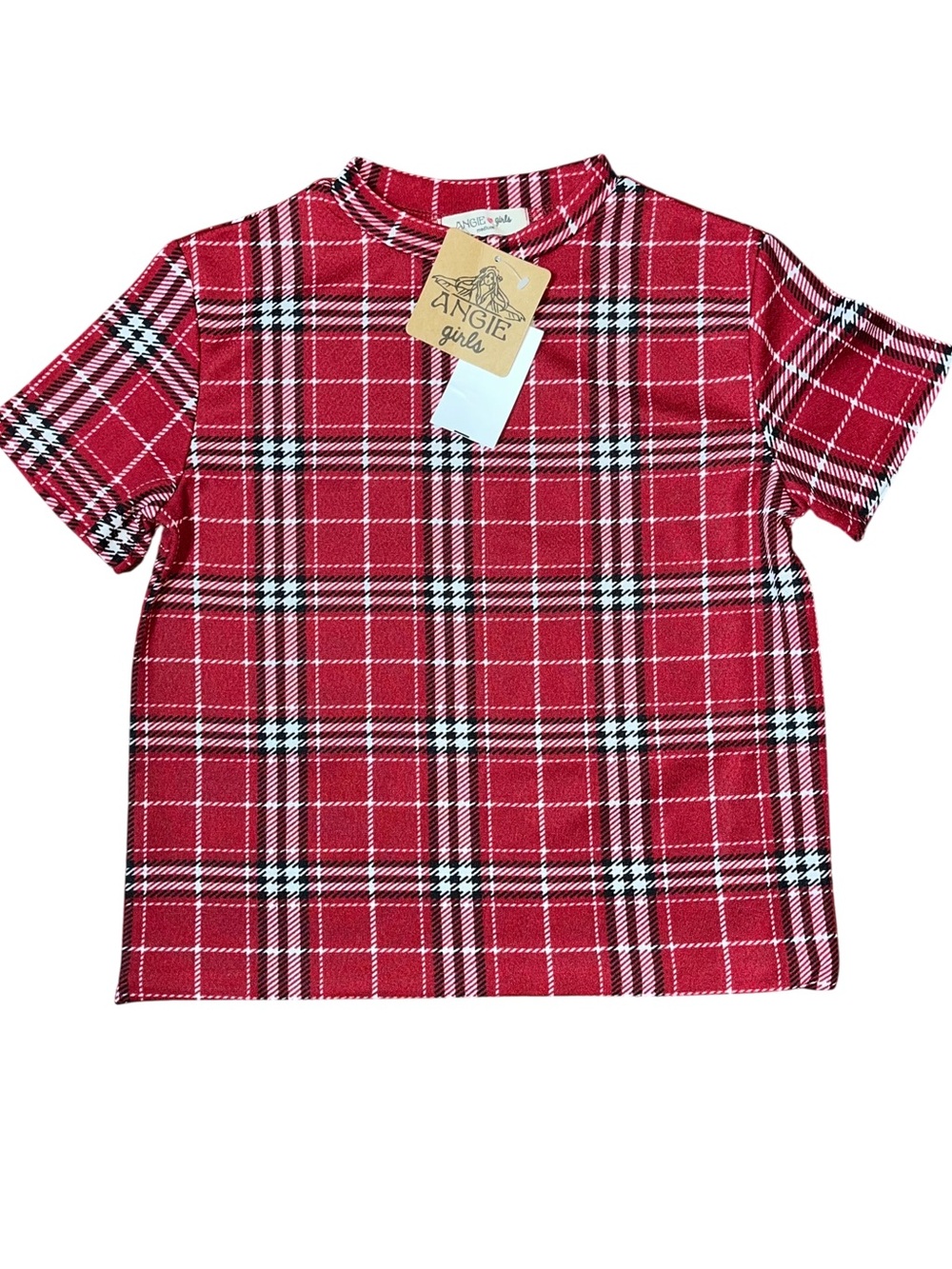 Angie Red Black White Skater Laid High Neck Short Sleeve Top NWT Girls Medium